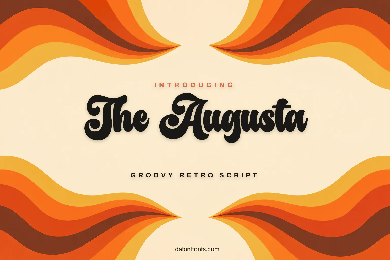 The Augusta font poster: black retro script on a groovy 1970s striped background