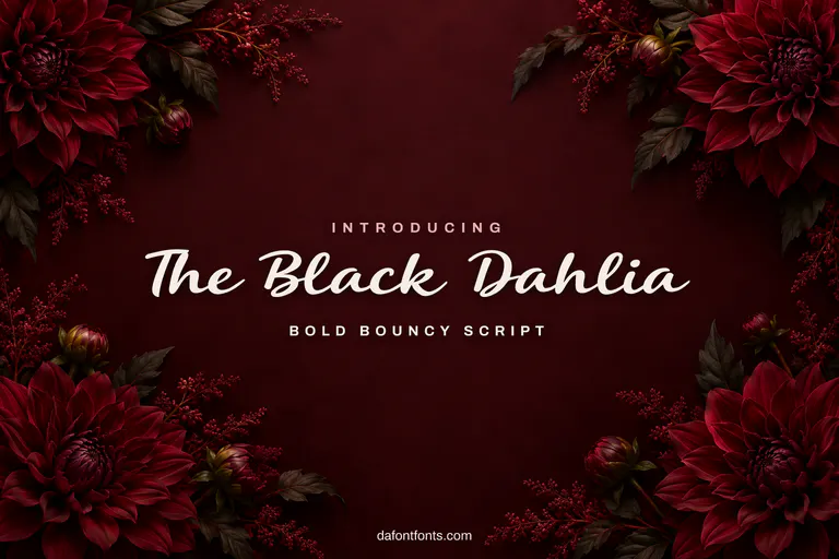The Black Dahlia font poster: black script on a deep burgundy background with dark dahlia flowers