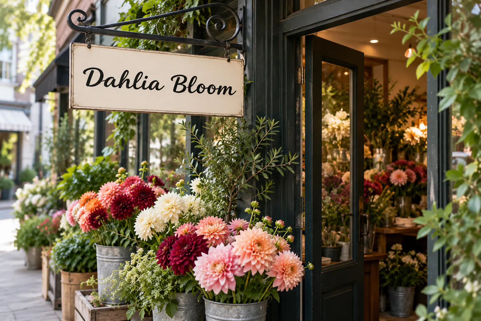 The Black Dahlia font on a florist shop sign reading Dahlia Bloom