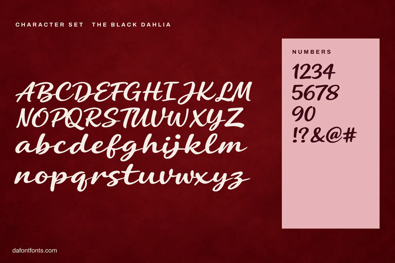 The Black Dahlia character set: alphabet, numbers and symbols