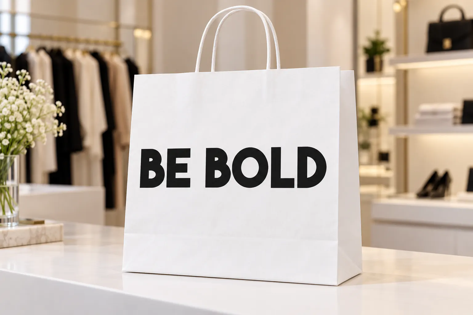 The Bold Font font on a white shopping bag reading BE BOLD