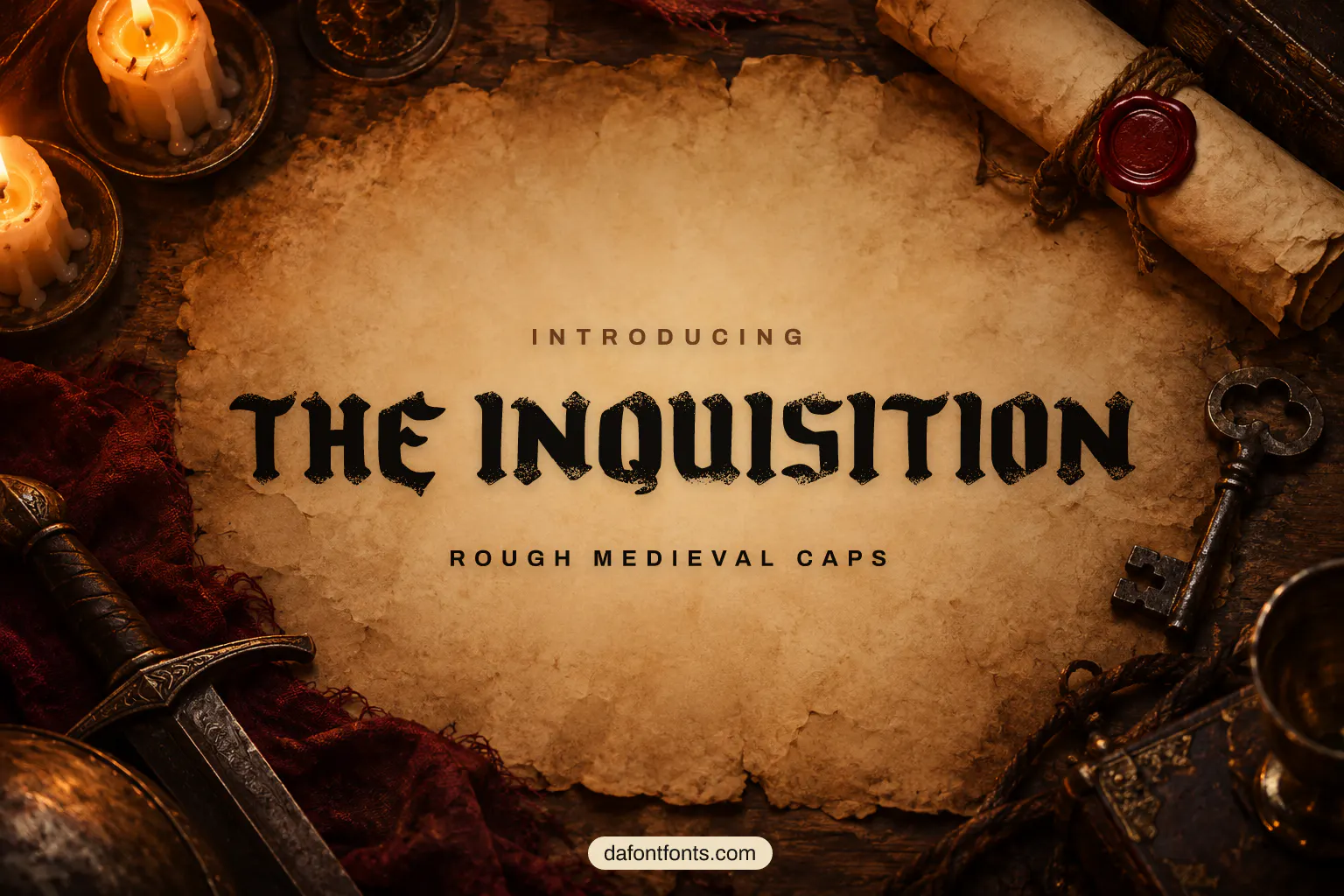 The Inquisition font poster: black rough medieval caps on a parchment and candlelight background