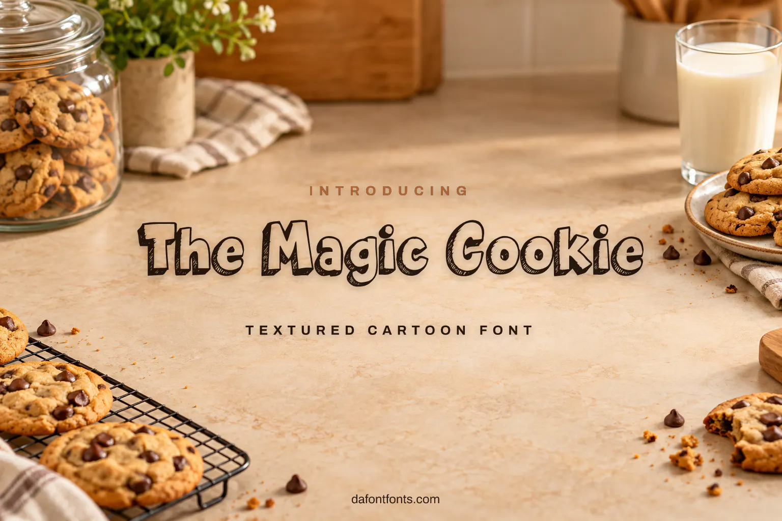The Magic Cookie font poster: dark brown textured cartoon letters on a cozy kitchen background with cookies