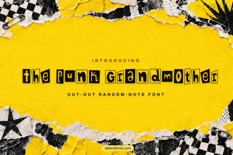 The Punk Grandmother font poster: cut-out letters on a torn yellow paper background