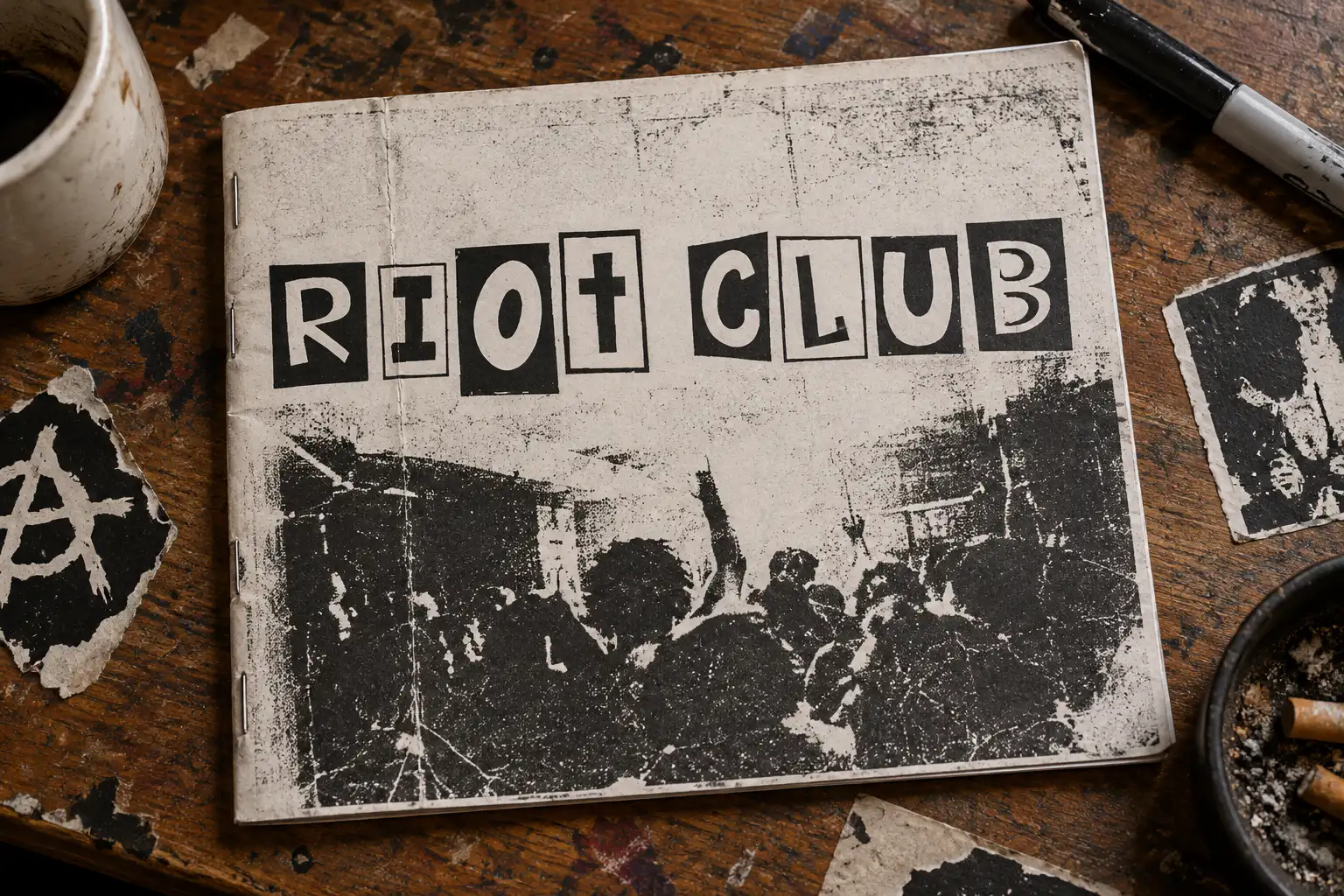 The Punk Grandmother font on a punk zine cover reading RIOT CLUB