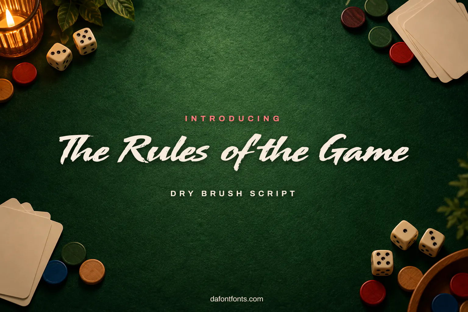The Rules of the Game font poster: black brush lettering on a board-game night background