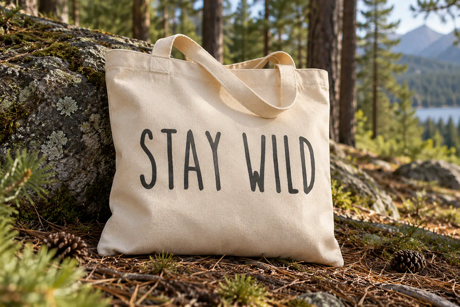 The Skinny font on a canvas tote reading STAY WILD