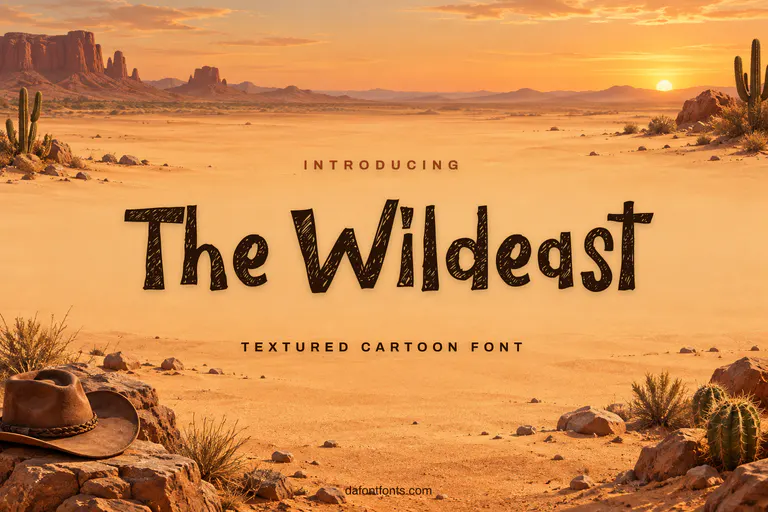 The Wildeast font poster: rough black letters on a sandy desert background with cacti