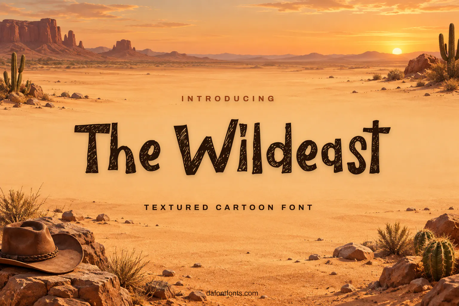 The Wildeast font poster: rough black letters on a sandy desert background with cacti