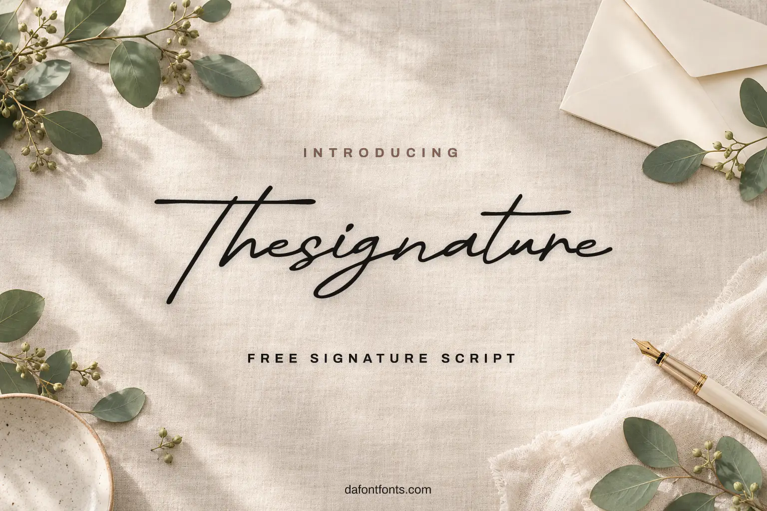 Thesignature font poster: thin black signature on soft linen with a fountain pen