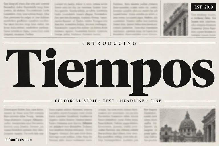 Tiempos font poster: elegant serif Tiempos headline on a newspaper-inspired layout