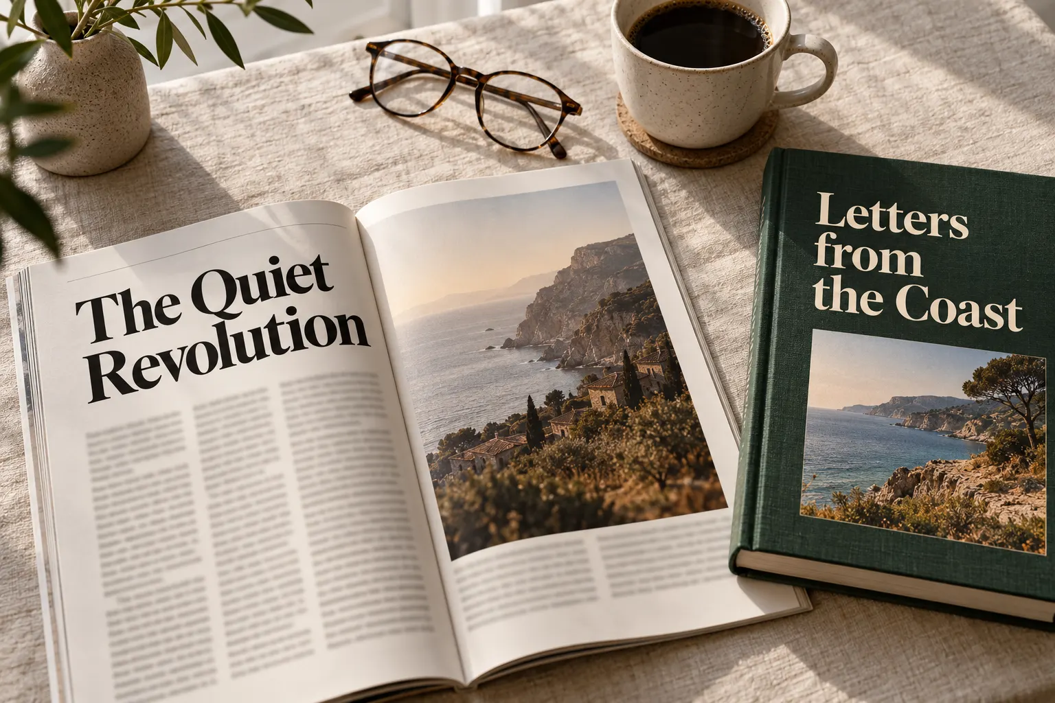 Tiempos style serif type on an open magazine spread and a hardcover book