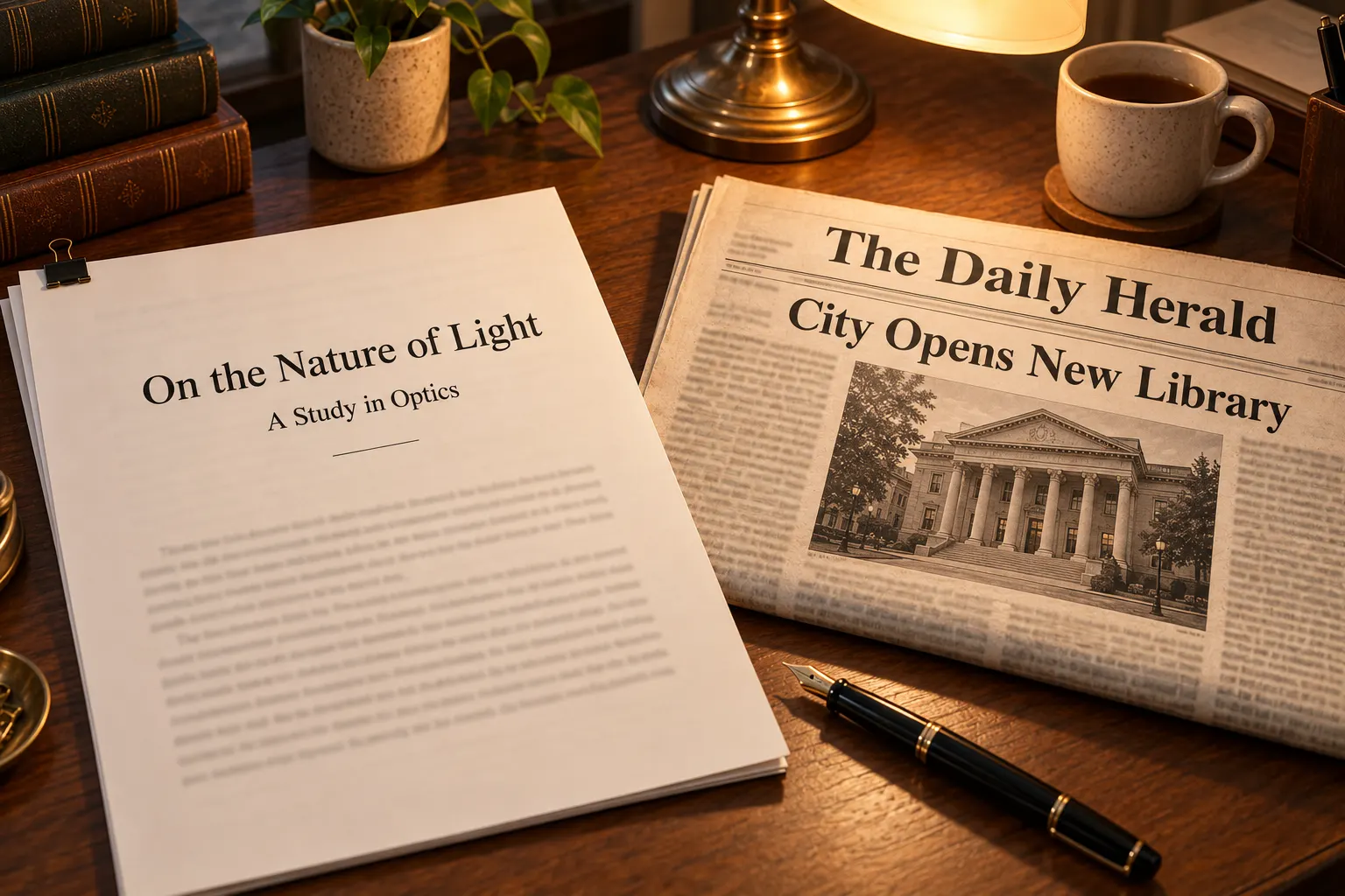 Times New Roman style type on a printed essay title page and a classic newspaper front page