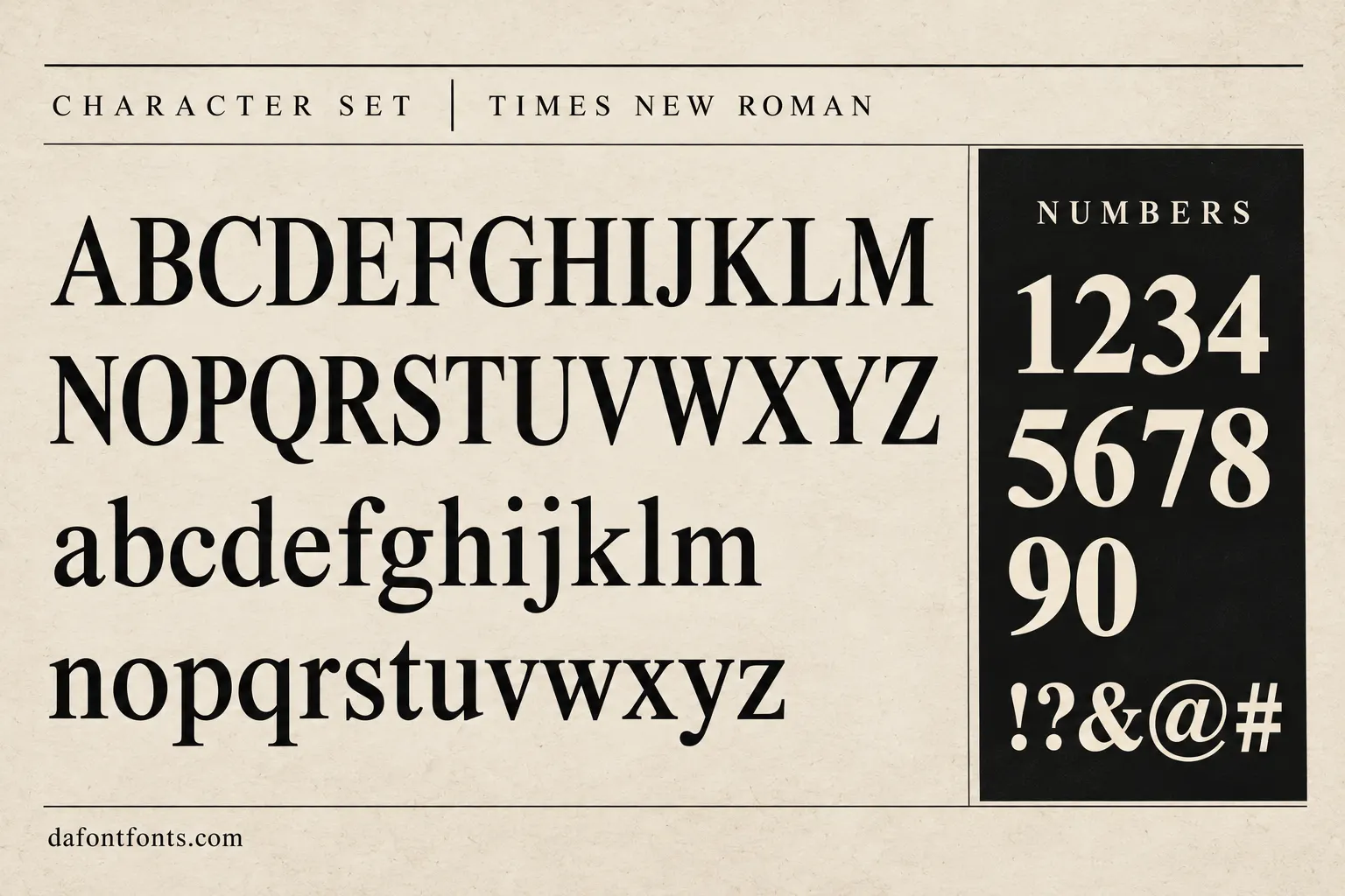 Times New Roman style character set: uppercase and lowercase alphabet, numbers and symbols