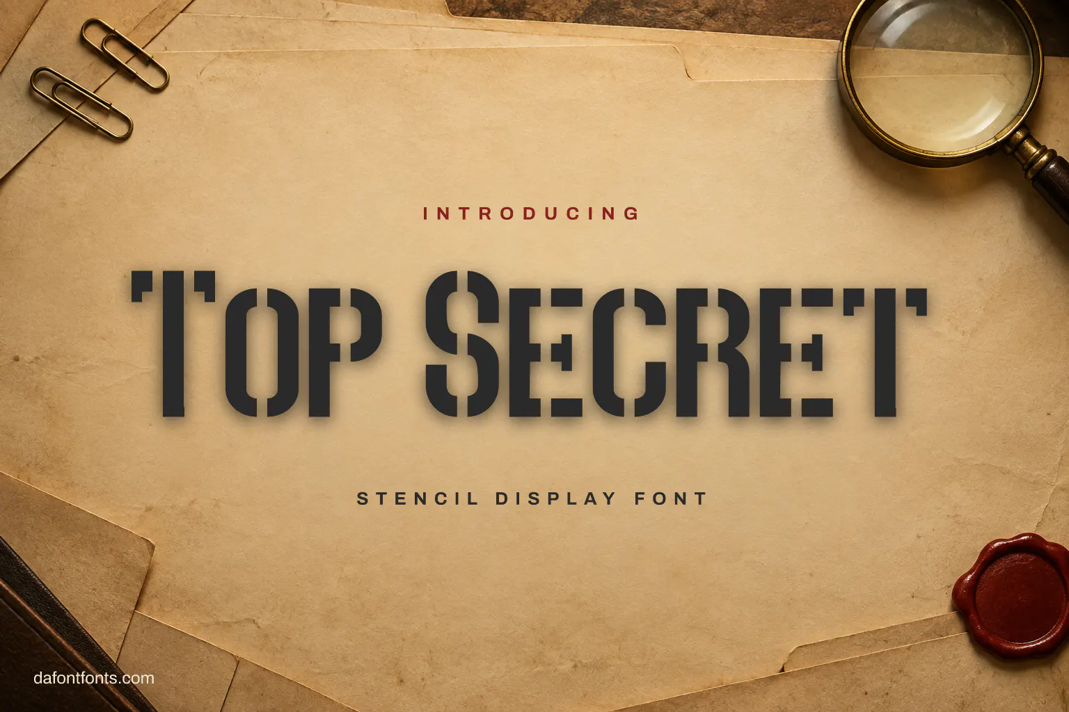 Top Secret font poster: dark stencil lettering on an aged manila folder with paper clips