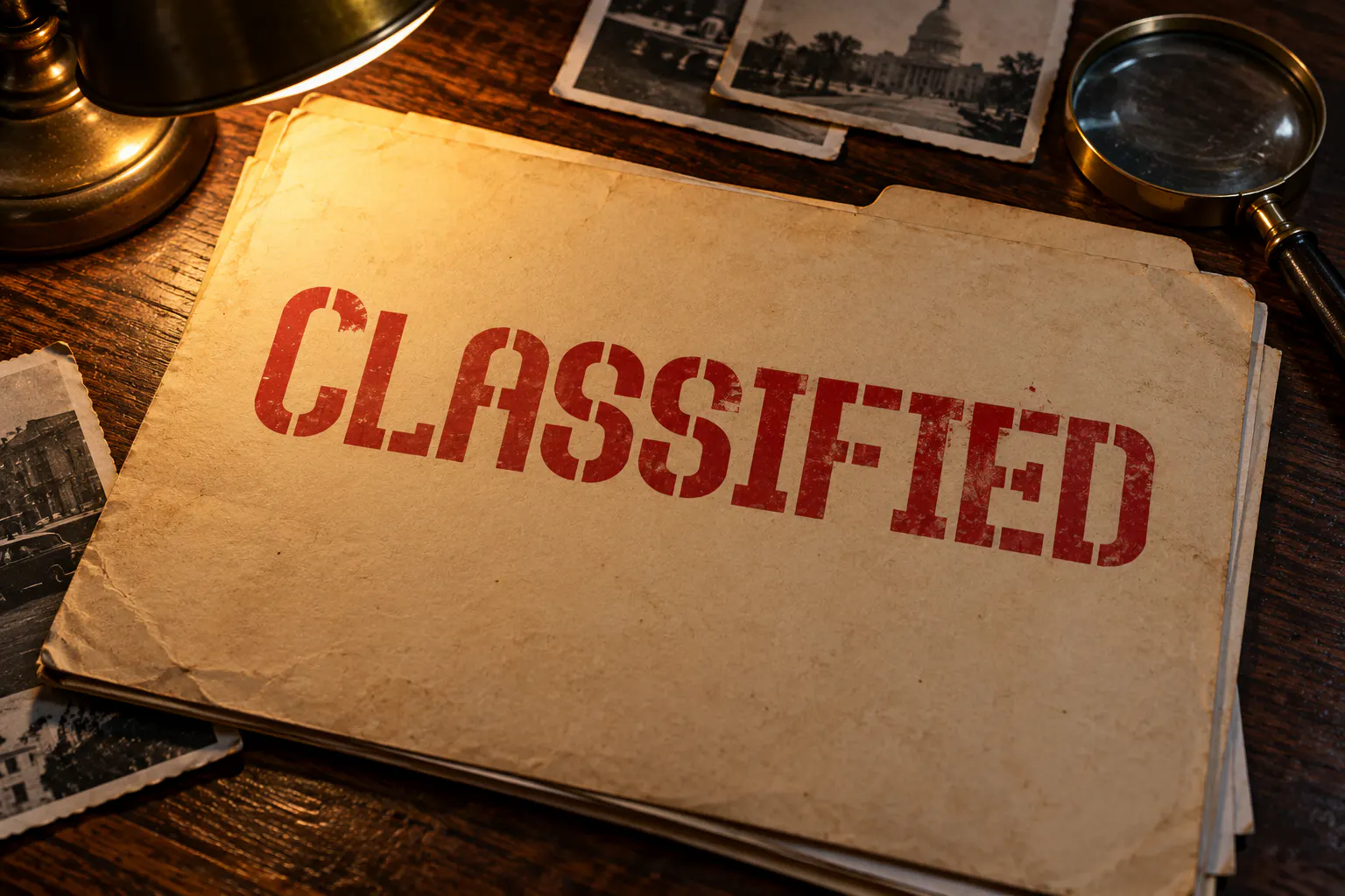 Top Secret font on a spy folder stamped Classified