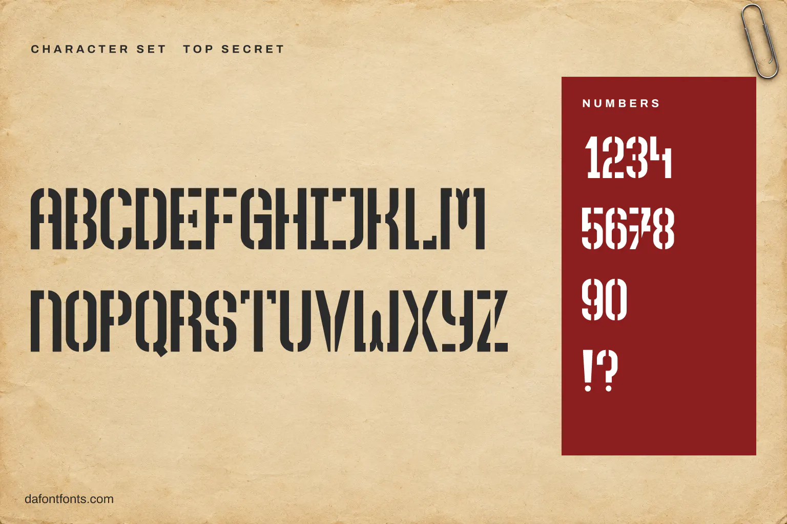 Top Secret character set: stencil capitals A to Z, numbers and ! ?