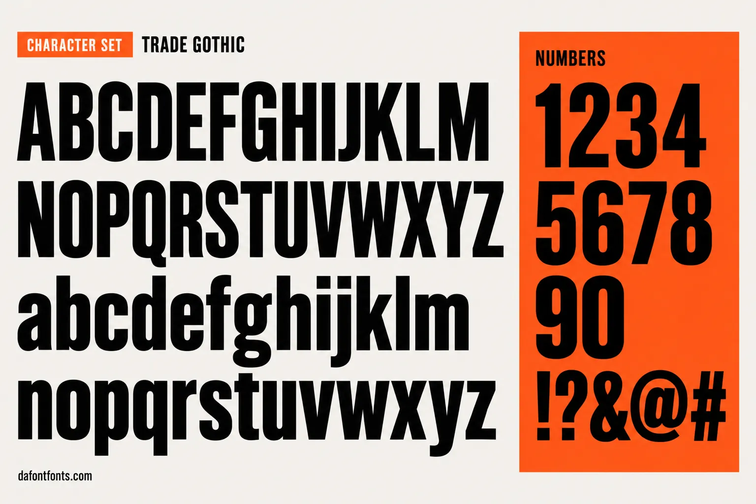 Trade Gothic style character set: uppercase and lowercase alphabet, numbers and symbols