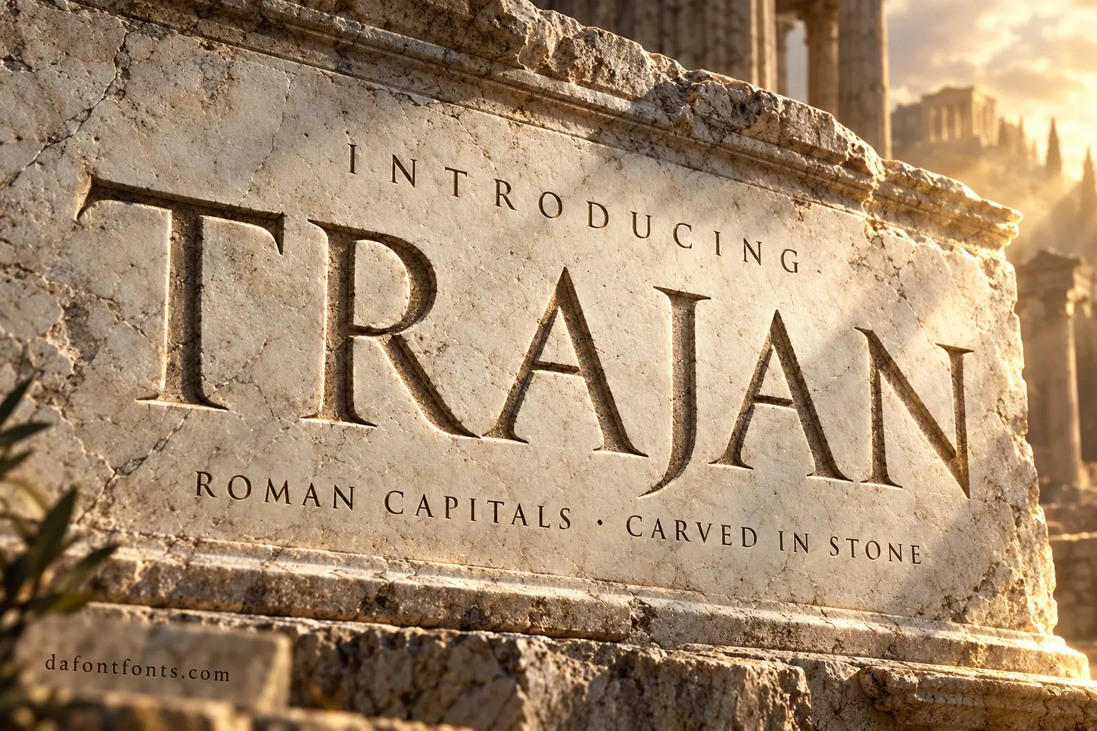 Trajan font poster: Roman capitals carved into a marble slab with cinematic light