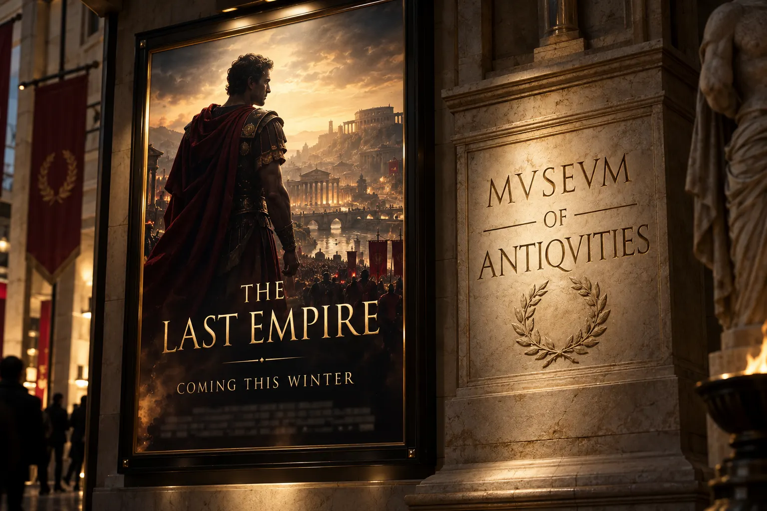 Trajan style capitals on an epic film poster and a museum stone plaque