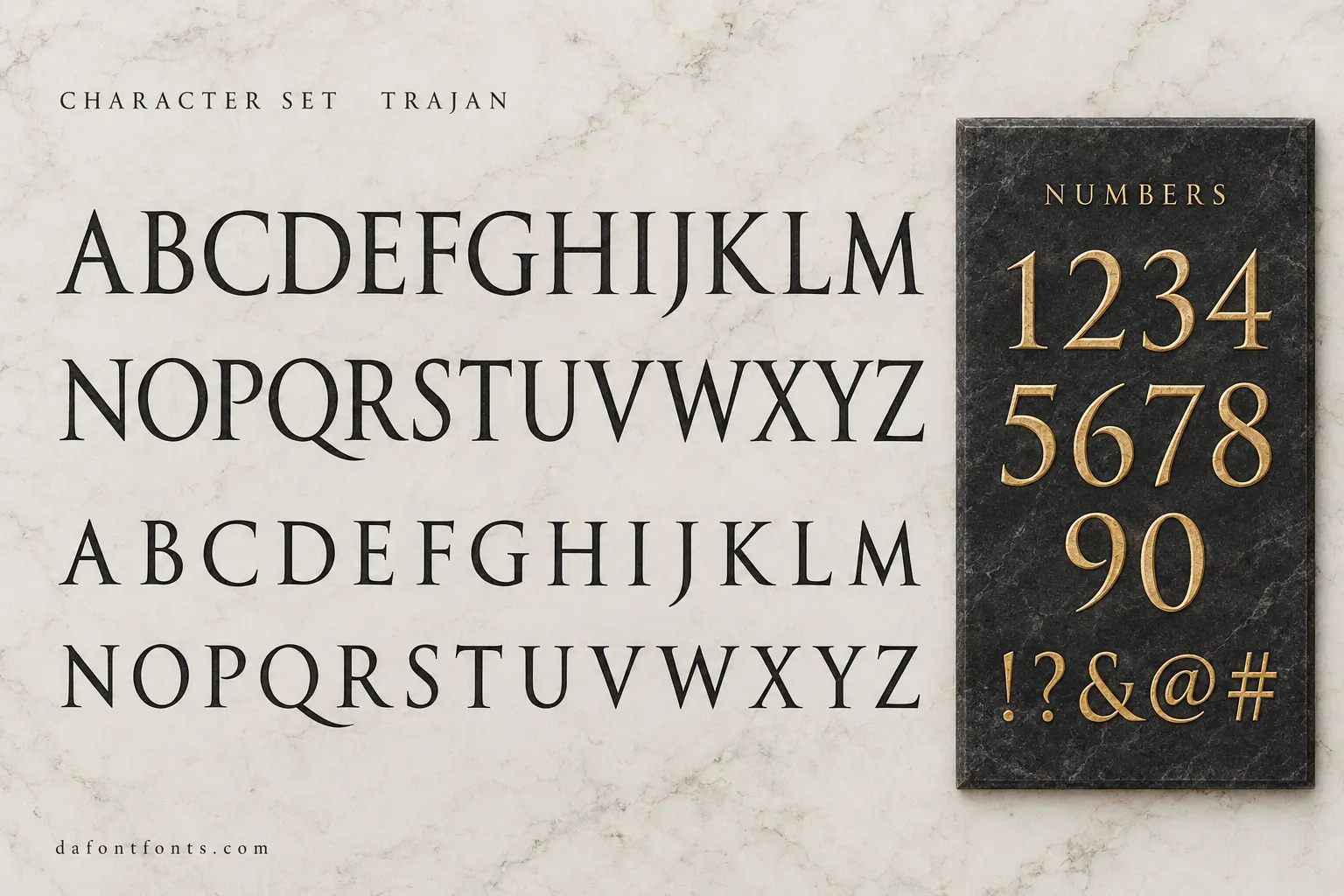 Trajan style character set: capitals, small capitals, numbers and symbols