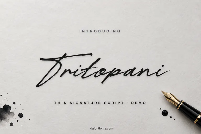 Tritopani font poster: thin black signature script on a soft grey background with a fountain pen