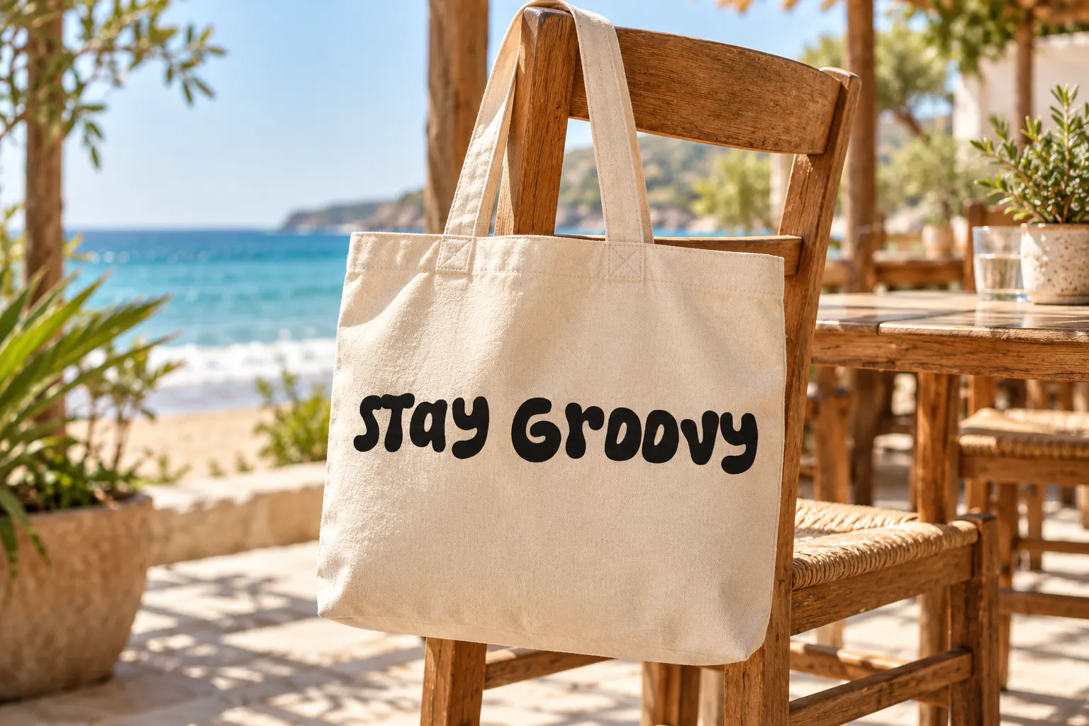 Tropi Land font on a canvas tote bag reading Stay Groovy