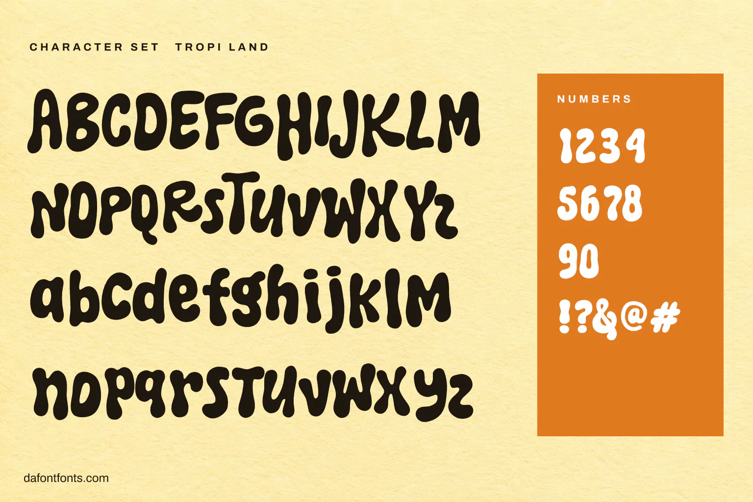 Tropi Land character set: alphabet, numbers and symbols