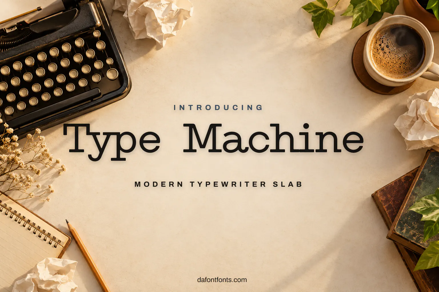 Type Machine font poster: typewriter letters on off-white with a vintage typewriter and coffee
