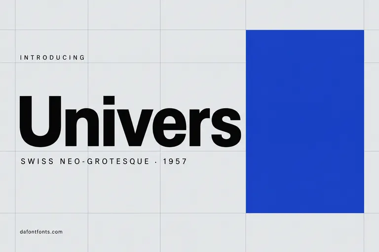 Univers font poster: black Univers headline on a grey grid with an ultramarine block