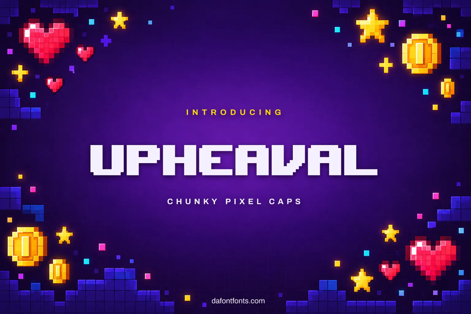 Upheaval font poster: pixel caps with pixel hearts, coins and stars
