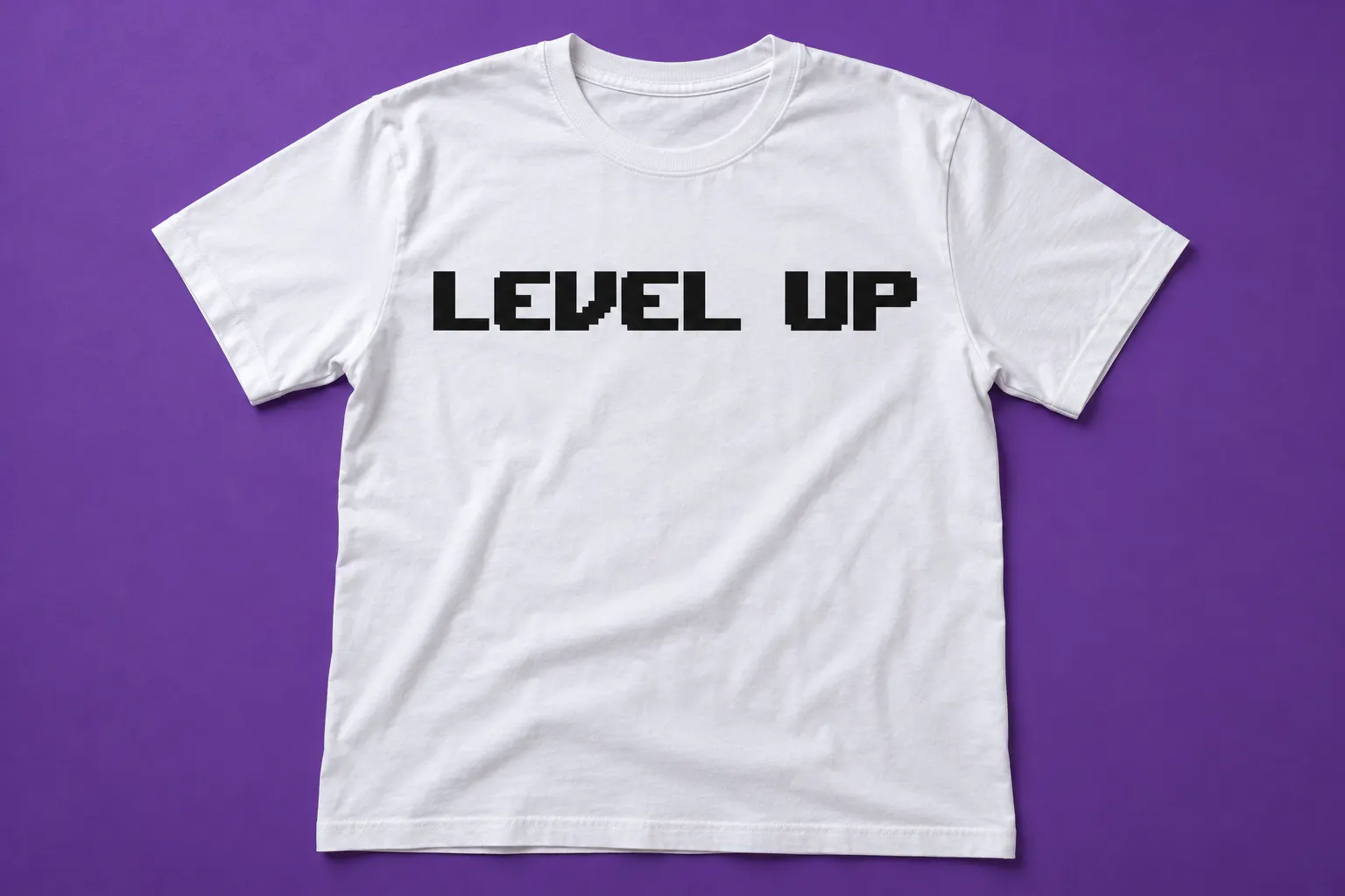 Upheaval font on a t-shirt reading LEVEL UP