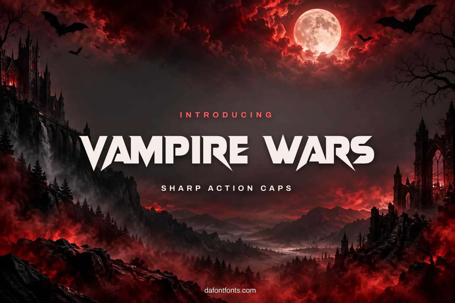 Vampire Wars font poster: black sharp caps on a dark red smoky background with a full moon