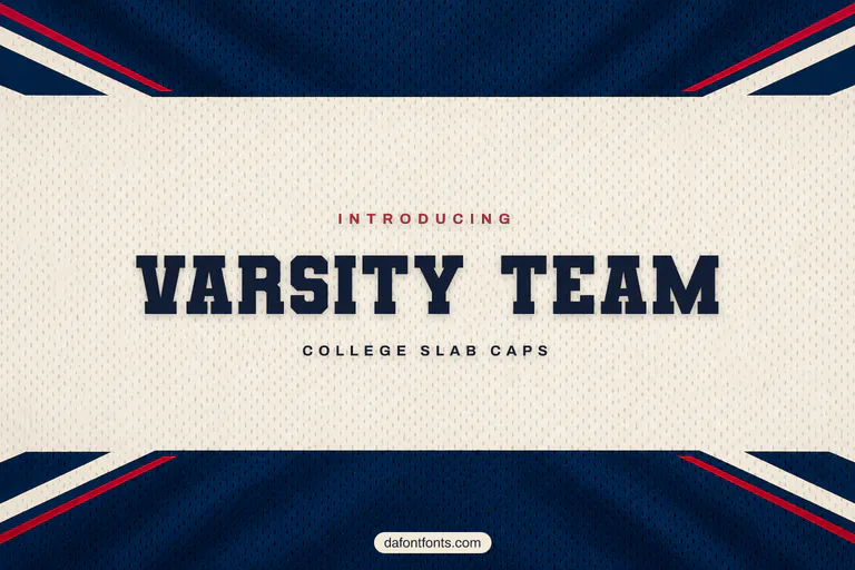 Varsity Team font poster: navy slab capitals on a navy and cream jersey background