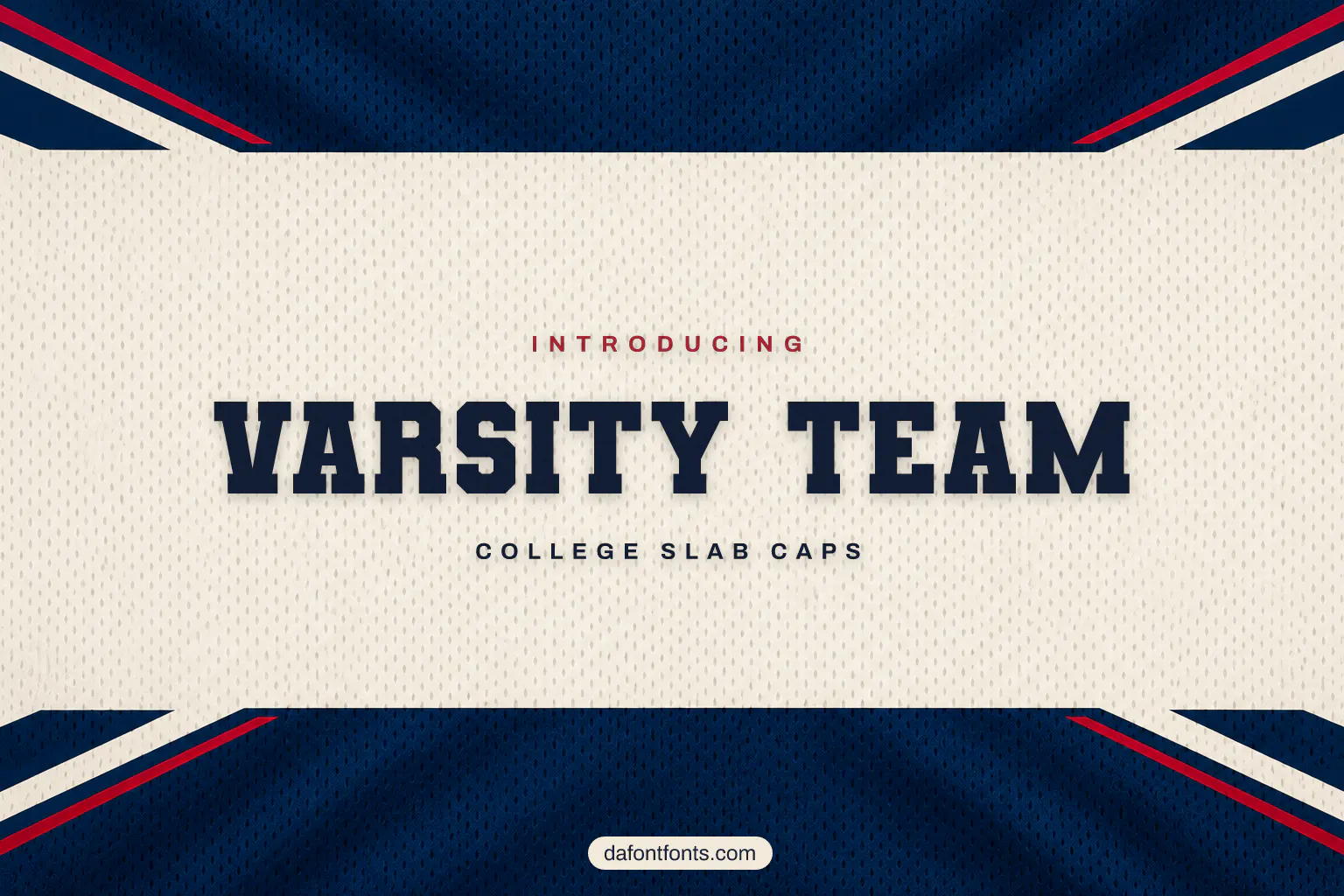 Varsity Team font poster: navy slab capitals on a navy and cream jersey background