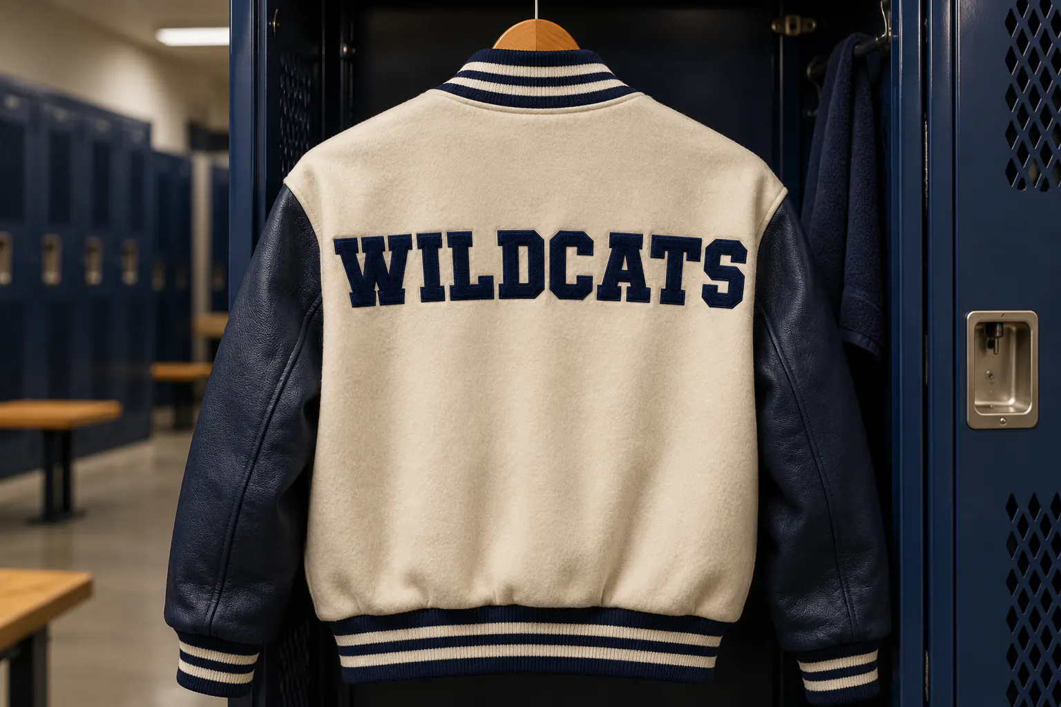 Varsity Team font on the back of a varsity jacket reading WILDCATS