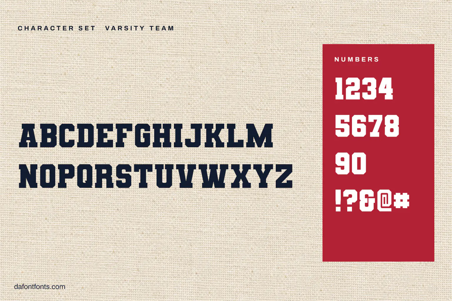 Varsity Team character set: capitals, numbers and symbols