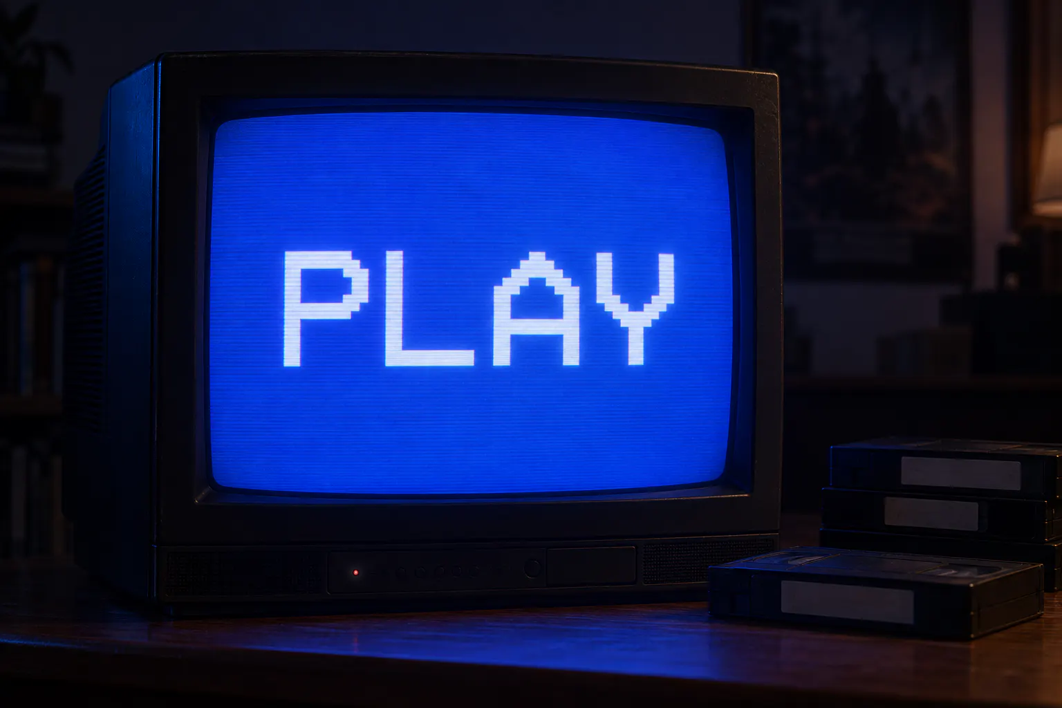 VCR OSD Mono font on an old TV screen reading PLAY