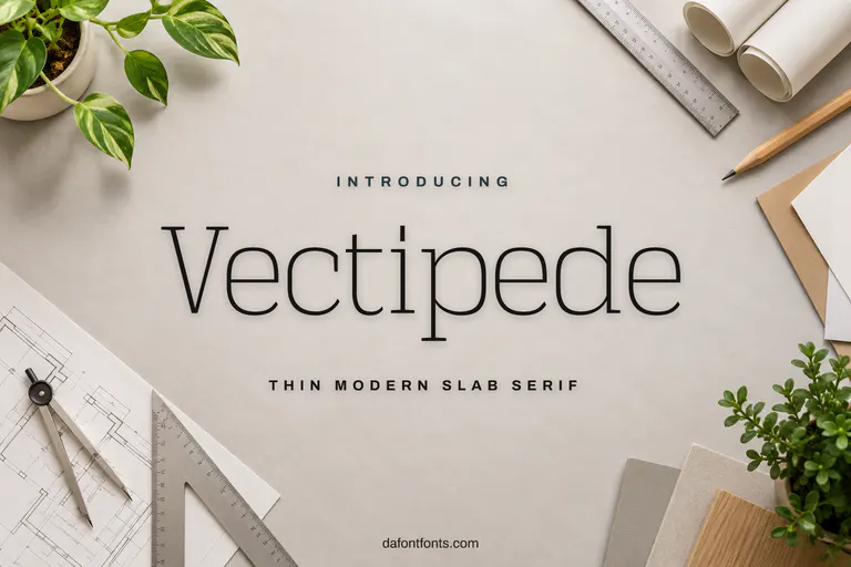 Vectipede font poster: thin slab serif with rulers, pencil and paper