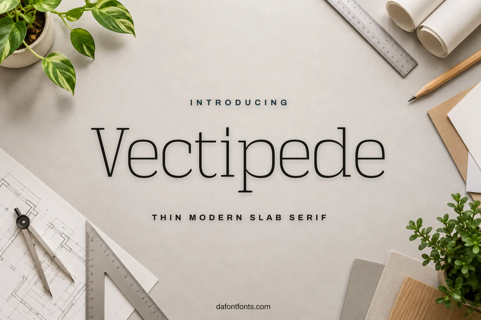 Vectipede font poster: thin slab serif with rulers, pencil and paper