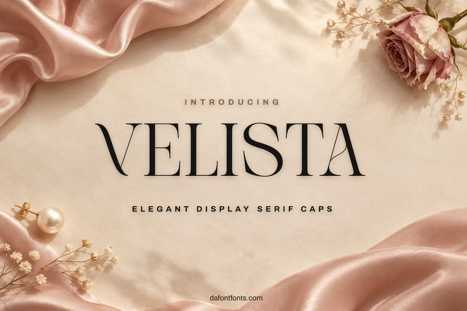 Velista font poster: black elegant serif capitals on a blush silk background