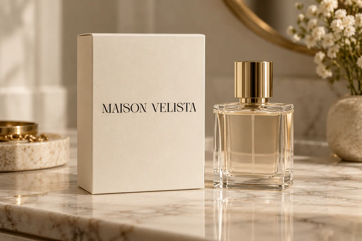 Velista font on a perfume box reading MAISON VELISTA