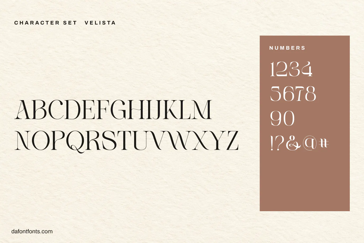Velista character set: capitals, numbers and symbols