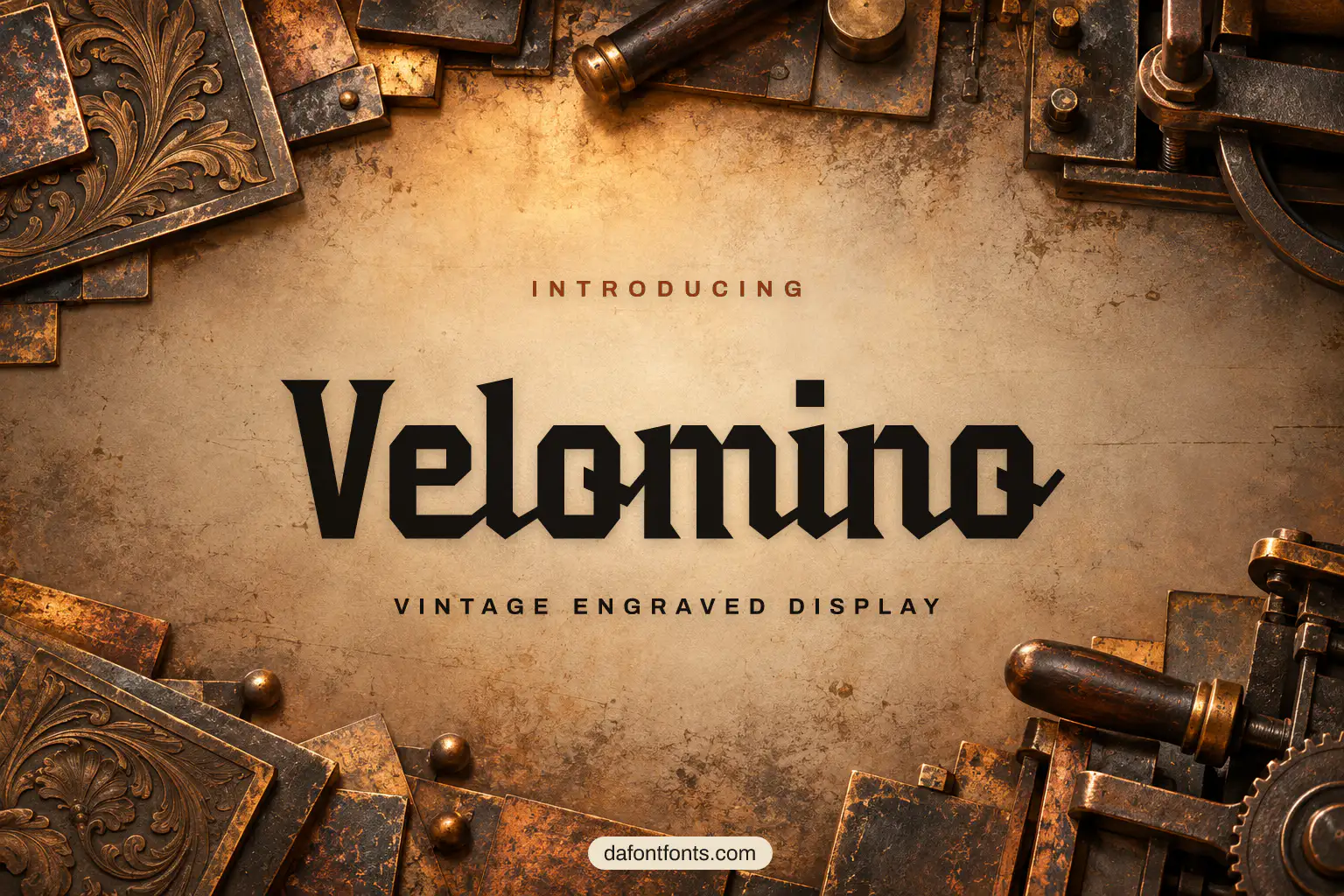 Velomino font poster: black vintage letters on a copper and engraved metal background
