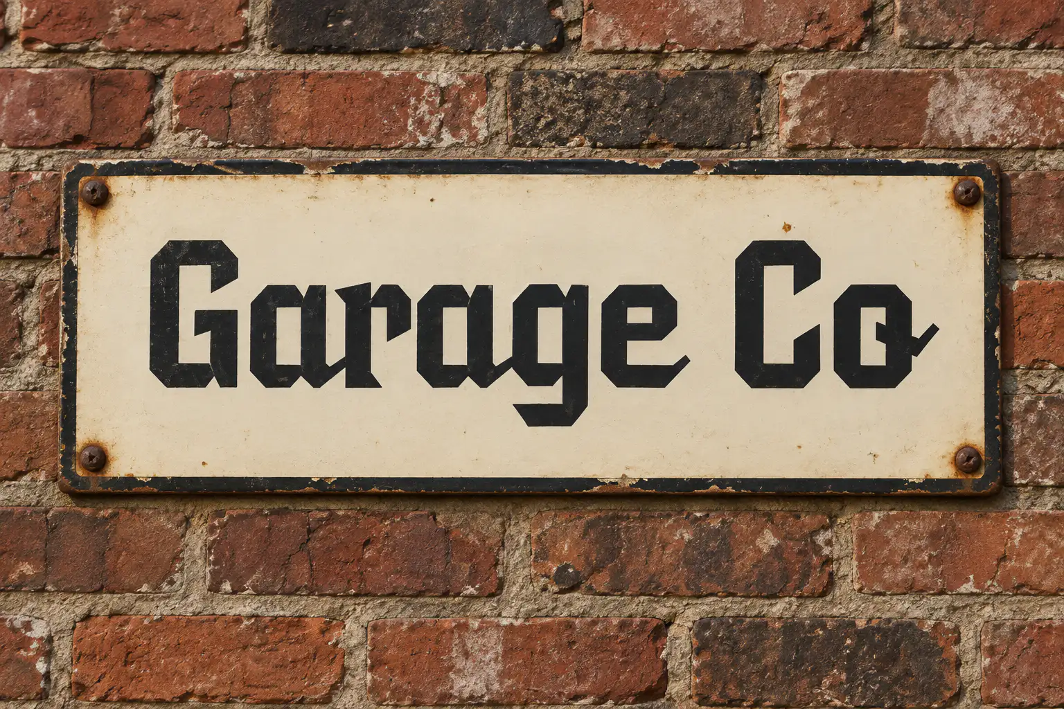Velomino font on a garage enamel sign reading Garage Co