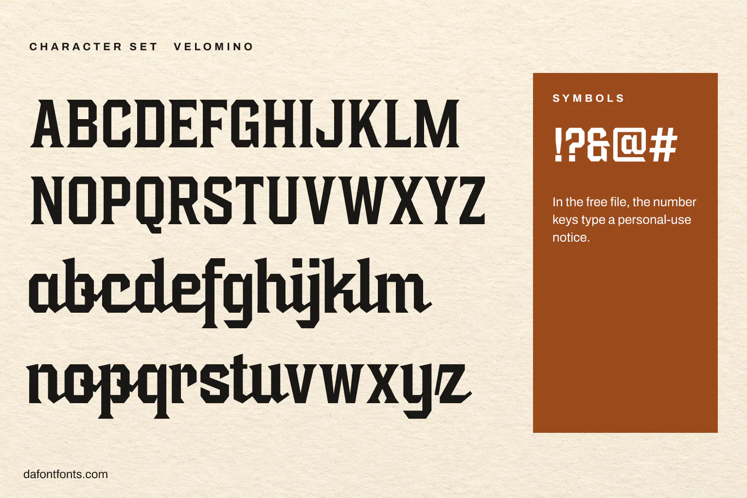 Velomino character set: capitals, lowercase and symbols (the number keys type a notice)