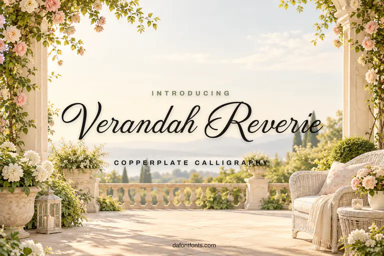 Verandah Reverie font poster: black copperplate script on an ivory garden verandah background