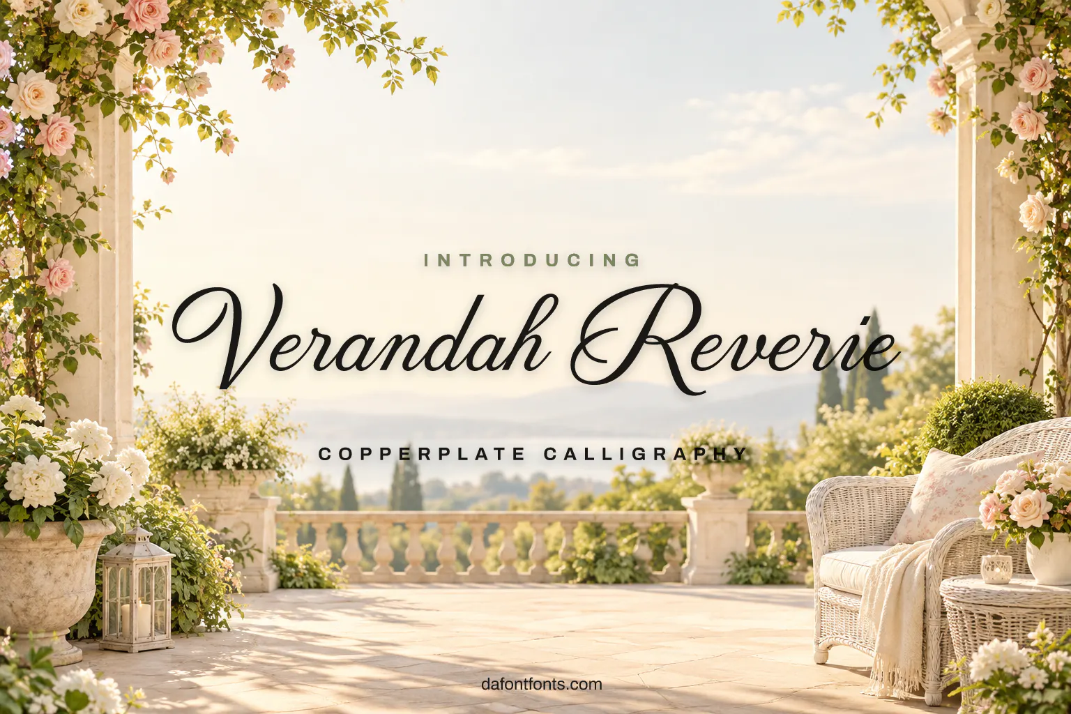 Verandah Reverie font poster: black copperplate script on an ivory garden verandah background