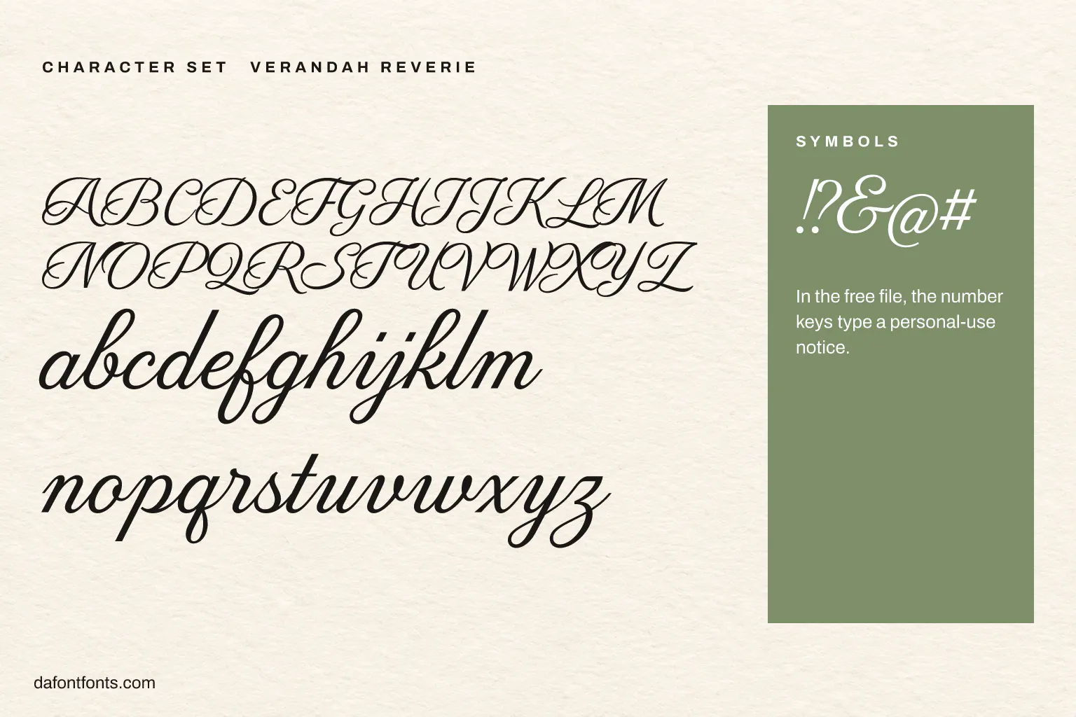 Verandah Reverie character set: capitals, lowercase and symbols (the number keys type a notice)