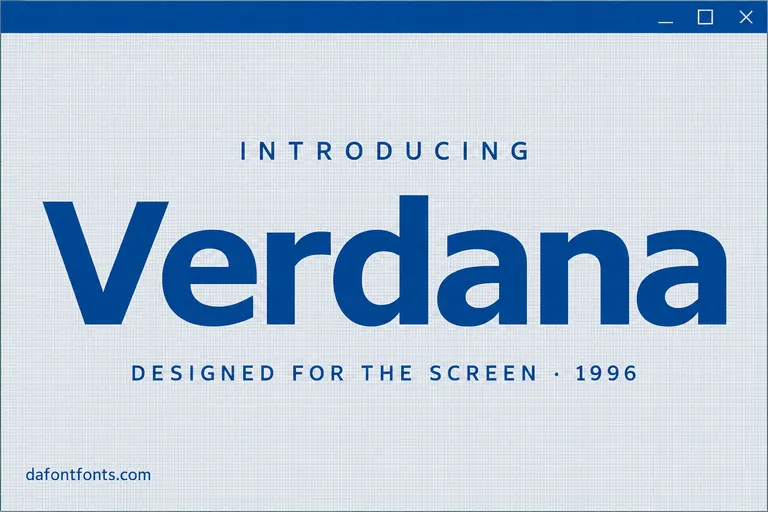 Verdana font poster: blue Verdana headline on a light grey screen interface